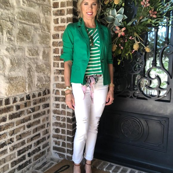 EUC CAbi Amelia Tank Green White Diagonal Horizontal Stripes #5758 - Picture 5 of 8